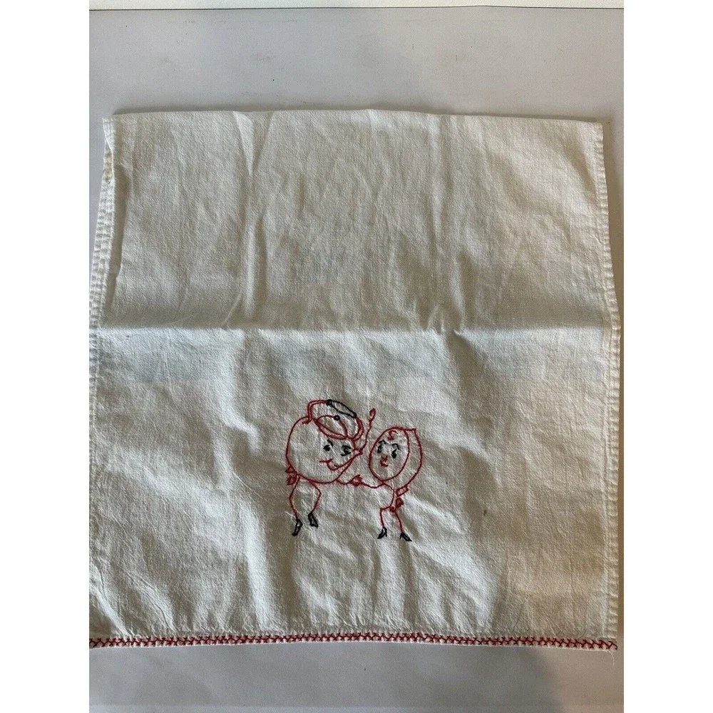 1950’s tea towl embroidered w/tea kettle and tea cup dancing Kitchen Towel‎